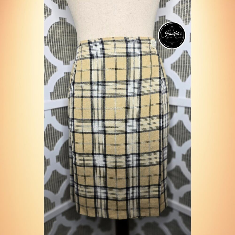 Jones New York Vintage Khaki and Black Plaid Linen Wrap Skirt Size 12